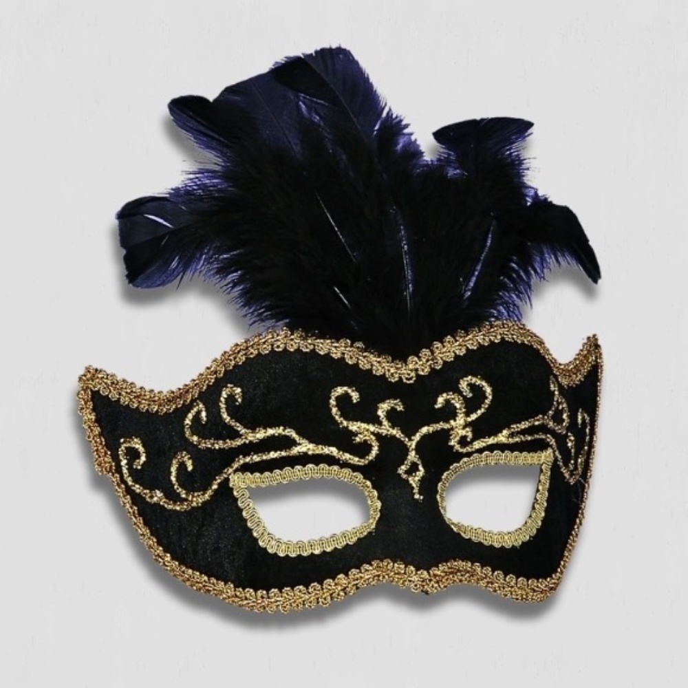 Masquerade Mask Black and Gold Embroidery Feathers OS